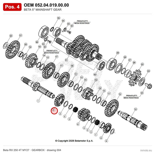 BETA 5° MAINSHAFT GEAR – OEM 052.04.019.00.00, position 4 on the Beta RX 250 4T MY27 gearbox drawing