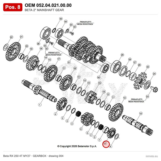 BETA 2° MAINSHAFT GEAR – OEM 052.04.021.00.00, position 8 on the Beta RX 250 4T MY27 gearbox drawing