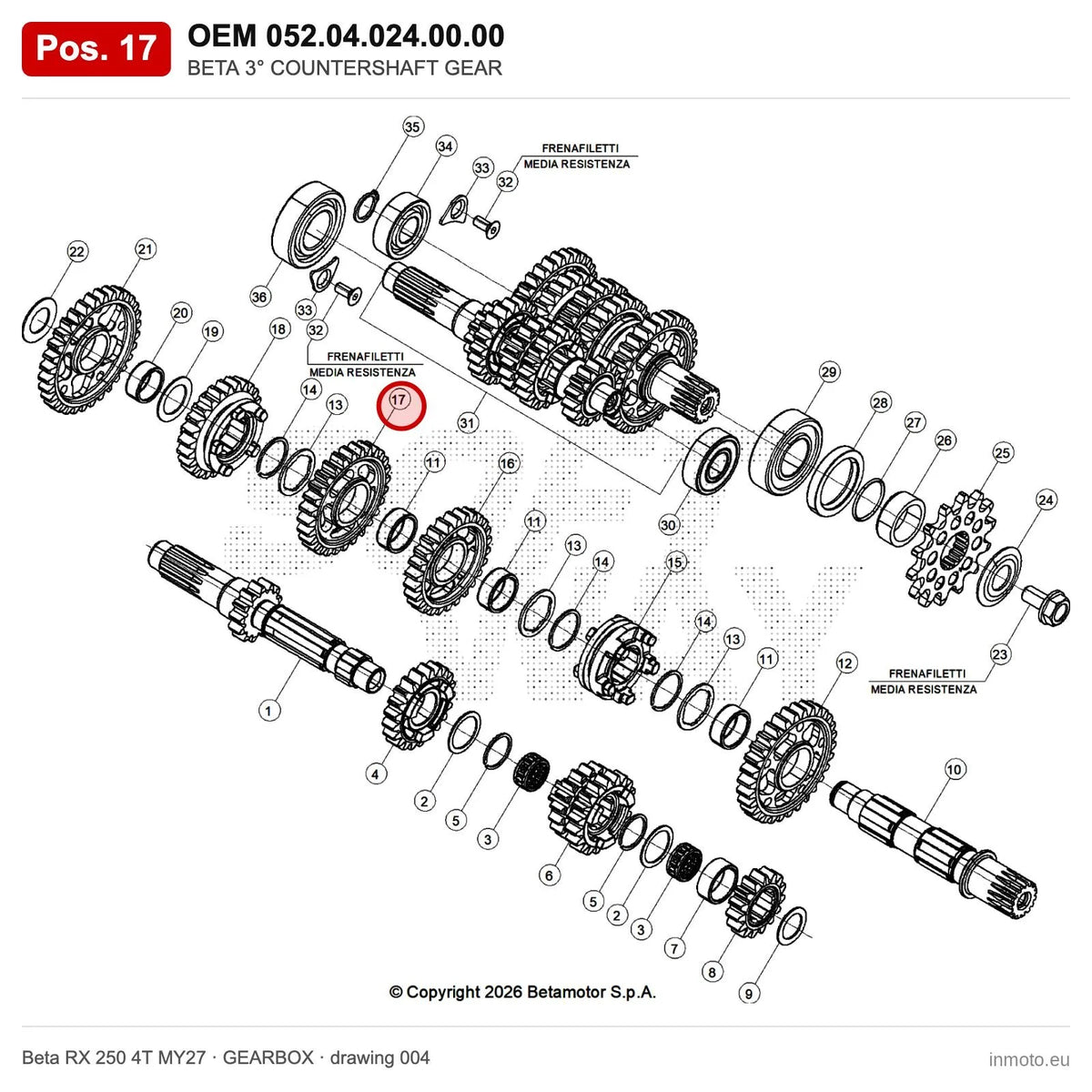 BETA 3° COUNTERSHAFT GEAR – OEM 052.04.024.00.00, position 17 on the Beta RX 250 4T MY27 gearbox drawing