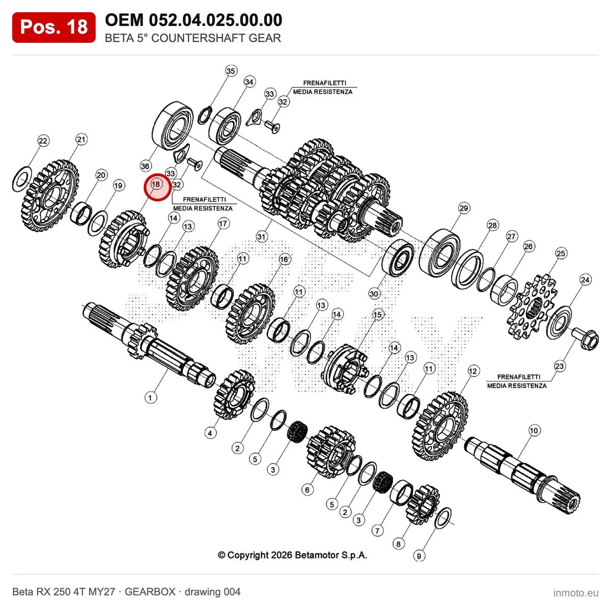 BETA 5° COUNTERSHAFT GEAR – OEM 052.04.025.00.00, position 18 on the Beta RX 250 4T MY27 gearbox drawing