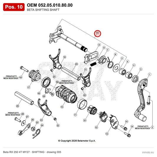 BETA SHIFTING SHAFT – OEM 052.05.010.80.00, position 10 on the Beta RX 250 4T MY27 shifting drawing