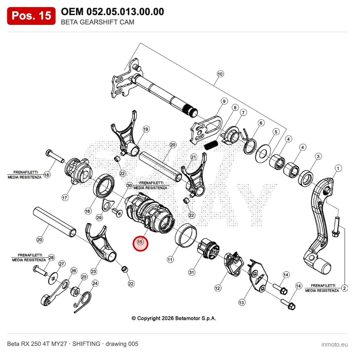 BETA GEARSHIFT CAM – OEM 052.05.013.00.00, position 15 on the Beta RX 250 4T MY27 shifting drawing