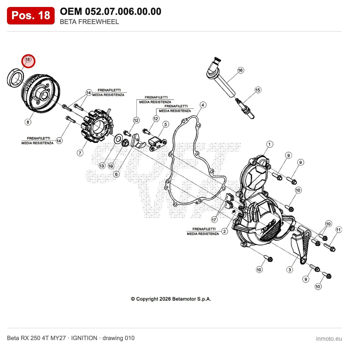 BETA FREEWHEEL – OEM 052.07.006.00.00, position 18 on the Beta RX 250 4T MY27 ignition drawing