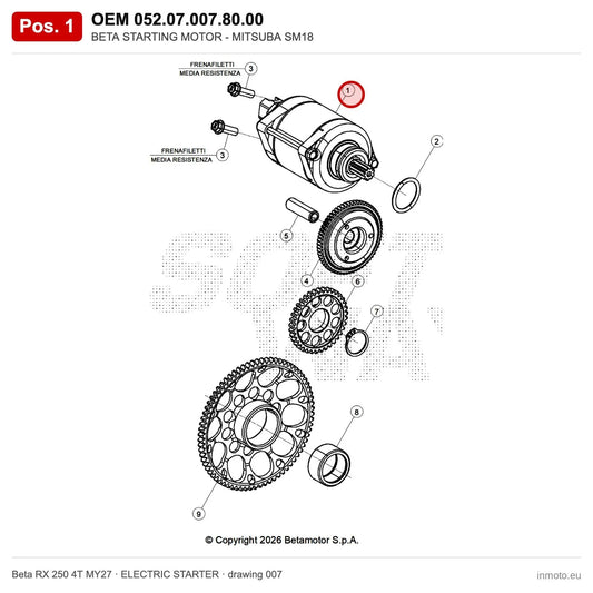 BETA STARTING MOTOR - MITSUBA SM18 – OEM 052.07.007.80.00, position 1 on the Beta RX 250 4T MY27 elettricstarter drawing