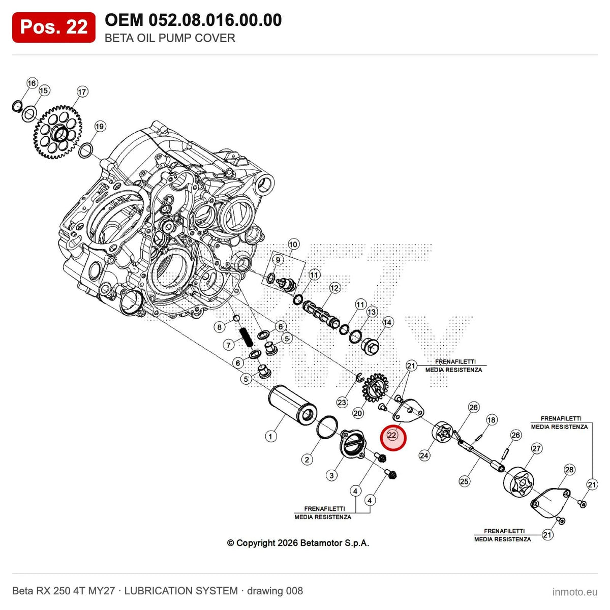 BETA OIL PUMP COVER – OEM 052.08.016.00.00, position 22 on the Beta RX 250 4T MY27 lubrication system drawing