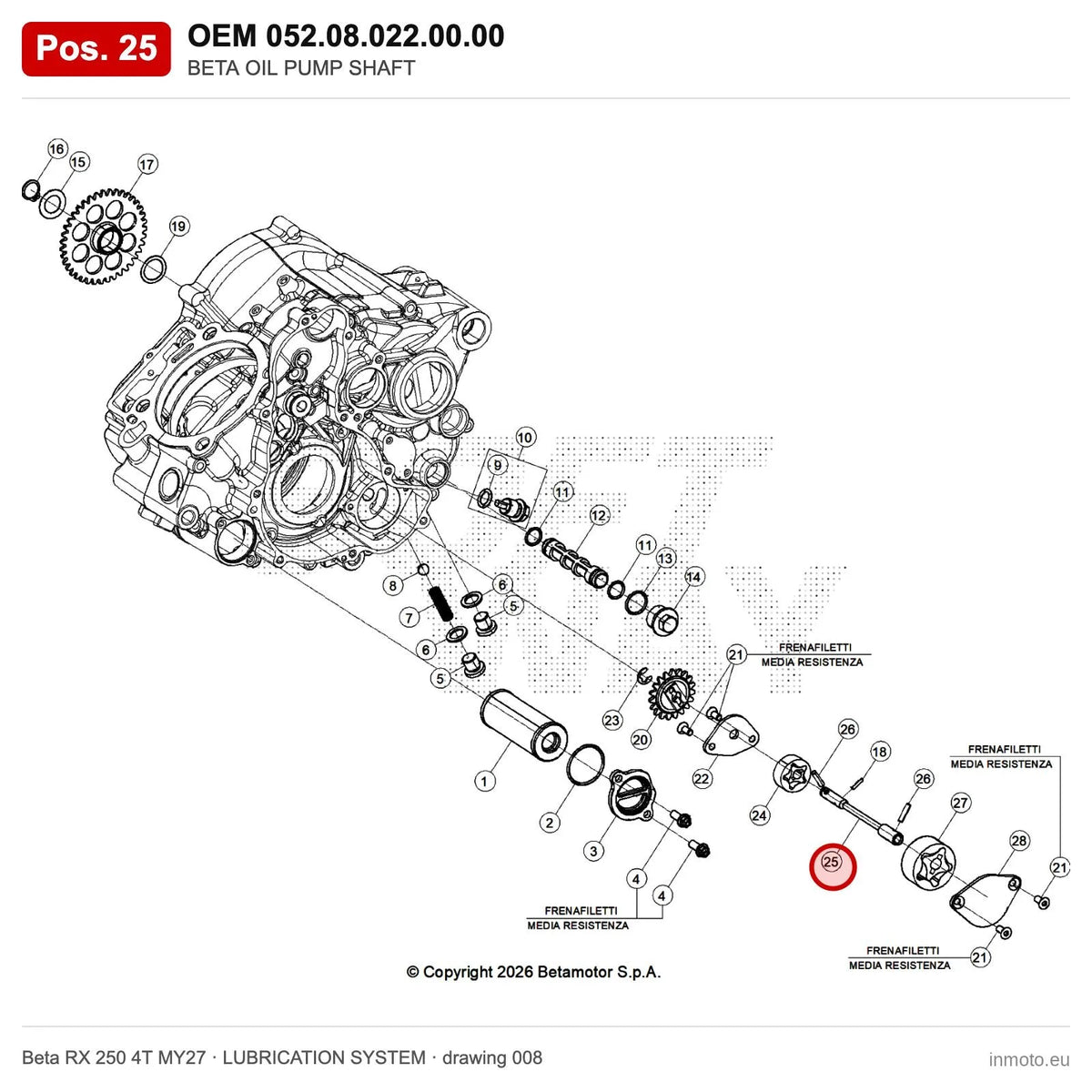 BETA OIL PUMP SHAFT – OEM 052.08.022.00.00, position 25 on the Beta RX 250 4T MY27 lubrication system drawing