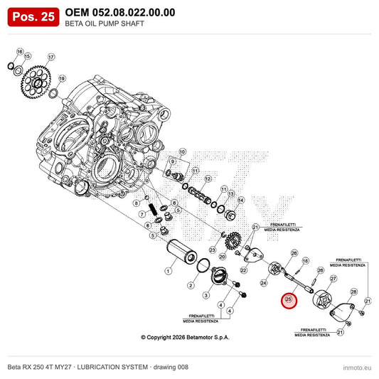 BETA OIL PUMP SHAFT – OEM 052.08.022.00.00, position 25 on the Beta RX 250 4T MY27 lubrication system drawing