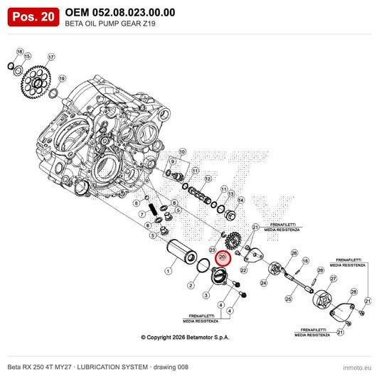 BETA OIL PUMP GEAR Z19 – OEM 052.08.023.00.00, position 20 on the Beta RX 250 4T MY27 lubrication system drawing