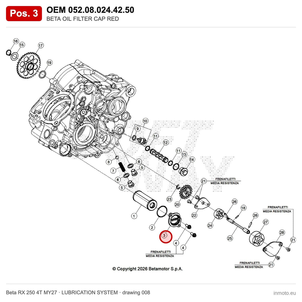 BETA OIL FILTER CAP RED – OEM 052.08.024.42.50, position 3 on the Beta RX 250 4T MY27 lubrication system drawing