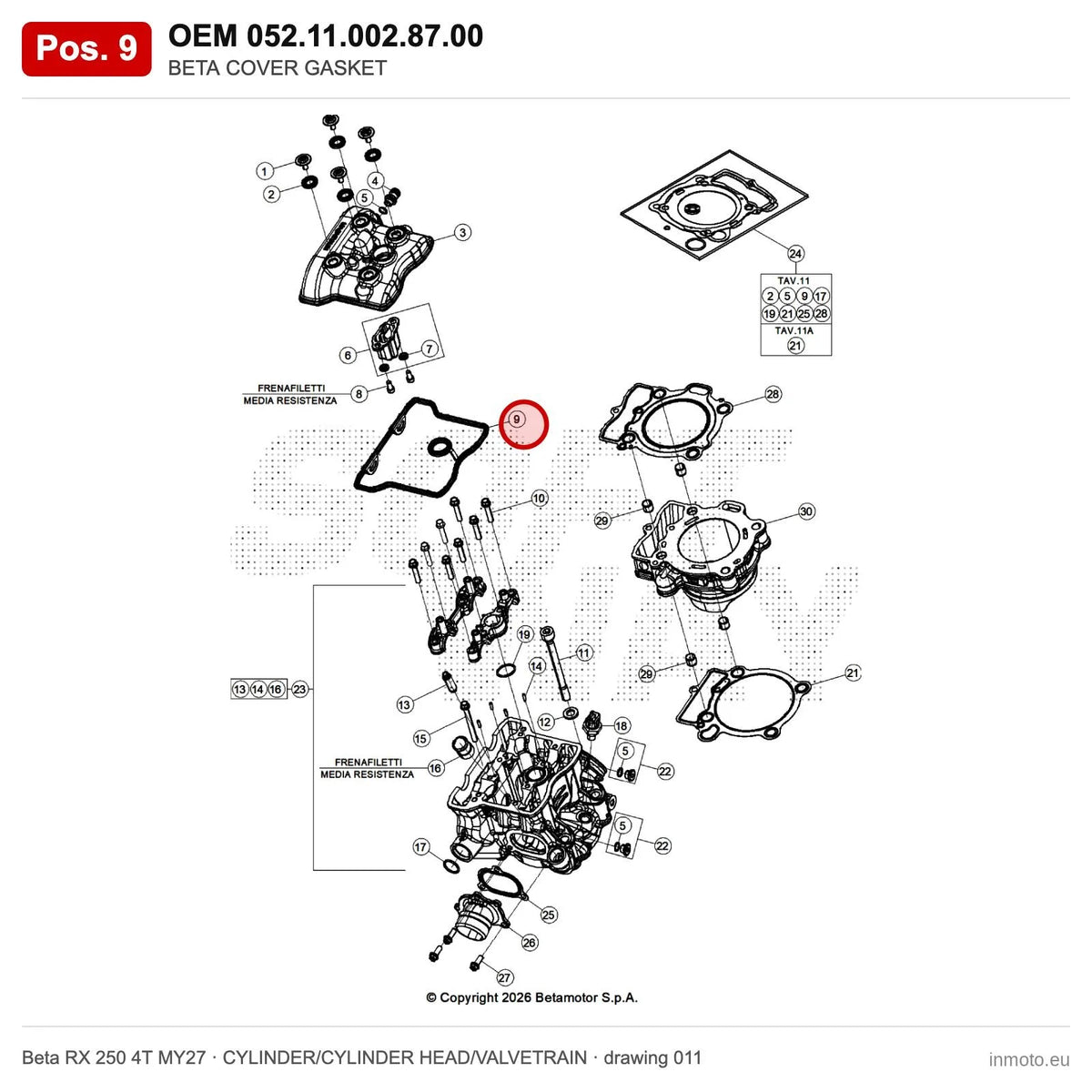 BETA COVER GASKET – OEM 052.11.002.87.00, position 9 on the Beta RX 250 4T MY27 cylinder/cylinder head/valvetrain drawing
