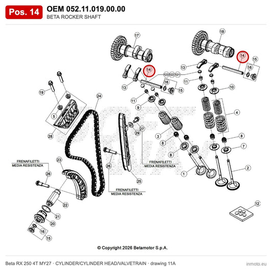 BETA ROCKER SHAFT – OEM 052.11.019.00.00, position 14 on the Beta RX 250 4T MY27 cylinder/cylinder head/valvetrain drawing