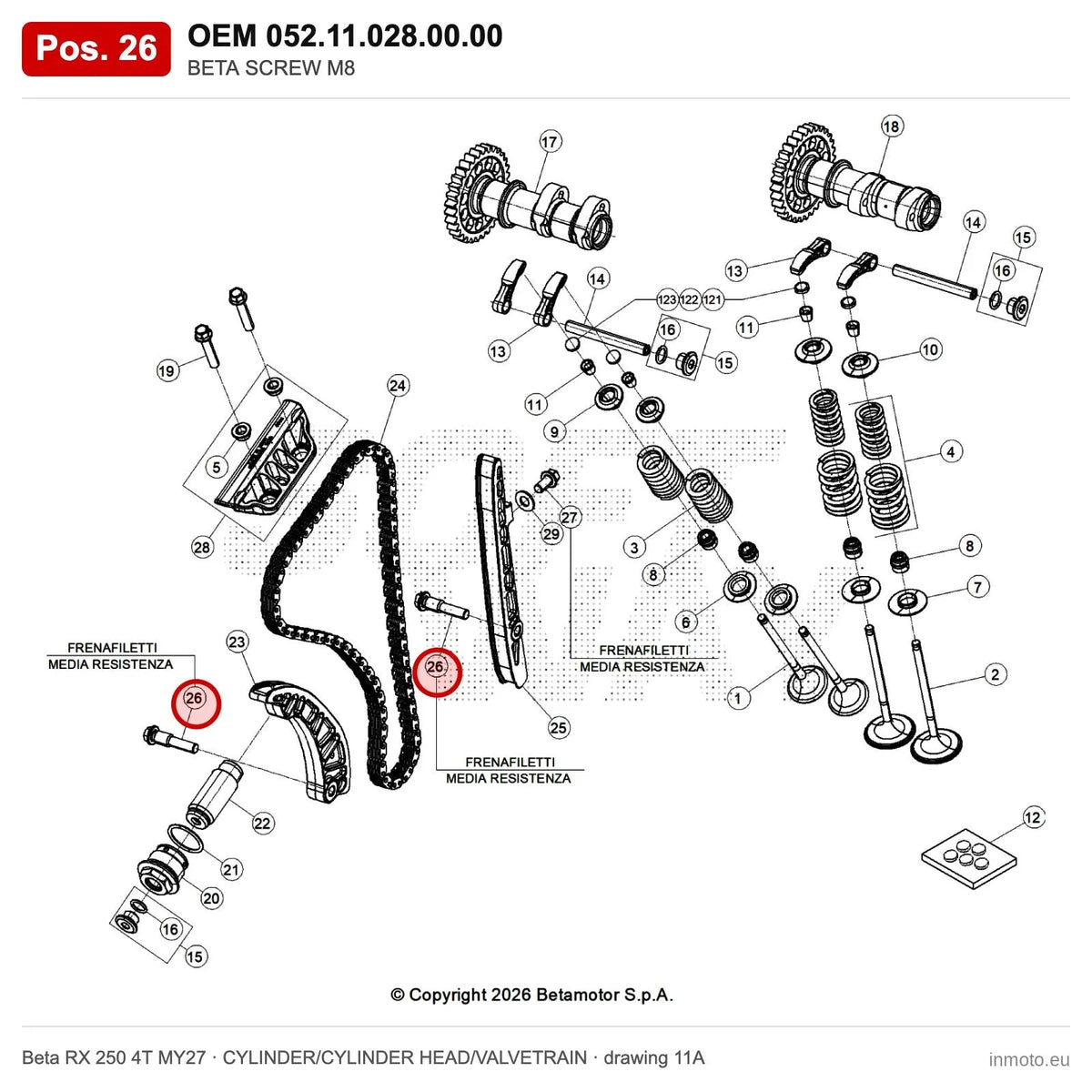 BETA SCREW M8 – OEM 052.11.028.00.00, position 26 on the Beta RX 250 4T MY27 cylinder/cylinder head/valvetrain drawing