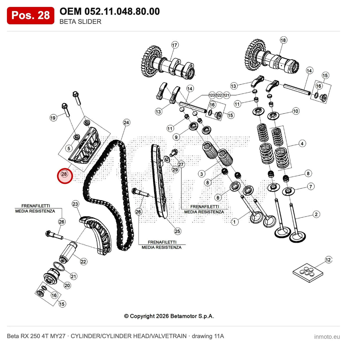 BETA SLIDER – OEM 052.11.048.80.00, position 28 on the Beta RX 250 4T MY27 cylinder/cylinder head/valvetrain drawing
