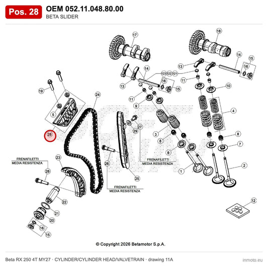 BETA SLIDER – OEM 052.11.048.80.00, position 28 on the Beta RX 250 4T MY27 cylinder/cylinder head/valvetrain drawing