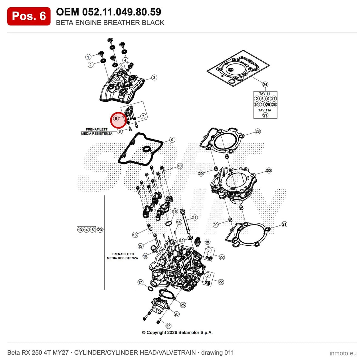 BETA ENGINE BREATHER BLACK – OEM 052.11.049.80.59, position 6 on the Beta RX 250 4T MY27 cylinder/cylinder head/valvetrain drawing