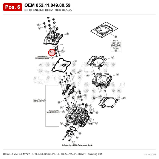BETA ENGINE BREATHER BLACK – OEM 052.11.049.80.59, position 6 on the Beta RX 250 4T MY27 cylinder/cylinder head/valvetrain drawing