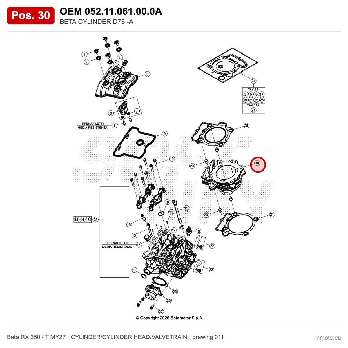 BETA CYLINDER D78 -A – OEM 052.11.061.00.0A, position 30 on the Beta RX 250 4T MY27 cylinder/cylinder head/valvetrain drawing