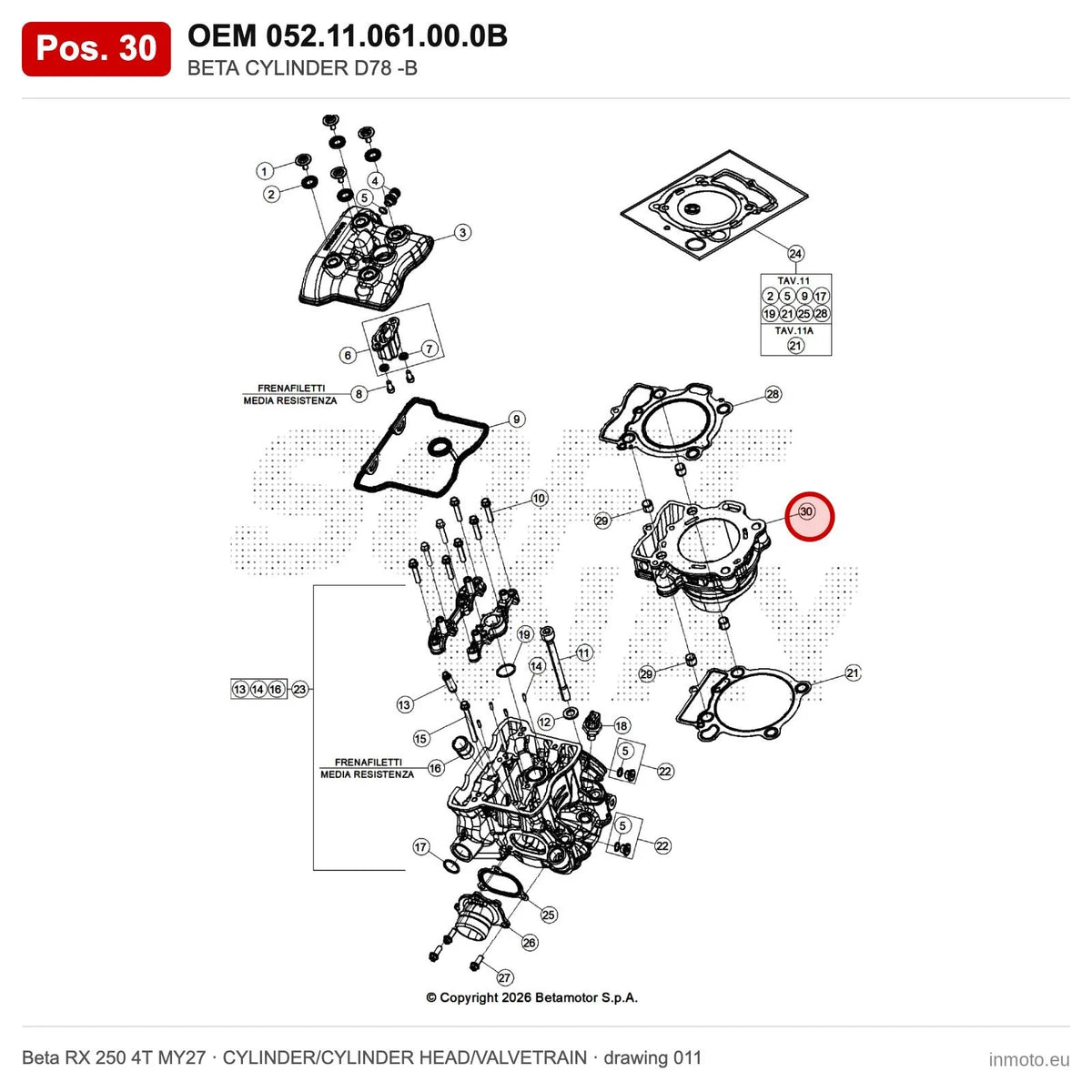 BETA CYLINDER D78 -B – OEM 052.11.061.00.0B, position 30 on the Beta RX 250 4T MY27 cylinder/cylinder head/valvetrain drawing