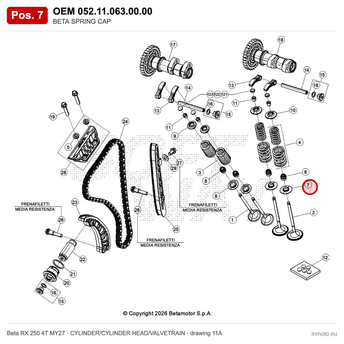 BETA SPRING CAP – OEM 052.11.063.00.00, position 7 on the Beta RX 250 4T MY27 cylinder/cylinder head/valvetrain drawing