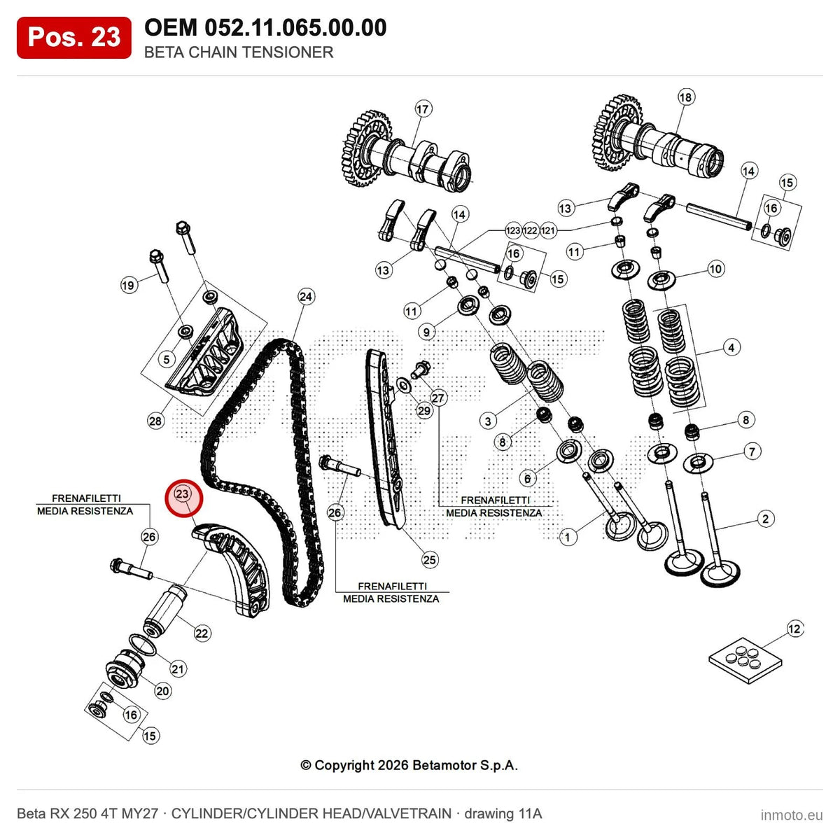 BETA CHAIN TENSIONER – OEM 052.11.065.00.00, position 23 on the Beta RX 250 4T MY27 cylinder/cylinder head/valvetrain drawing