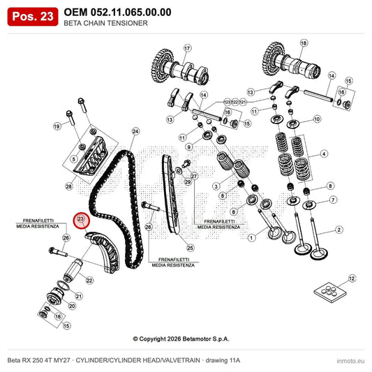 BETA CHAIN TENSIONER – OEM 052.11.065.00.00, position 23 on the Beta RX 250 4T MY27 cylinder/cylinder head/valvetrain drawing