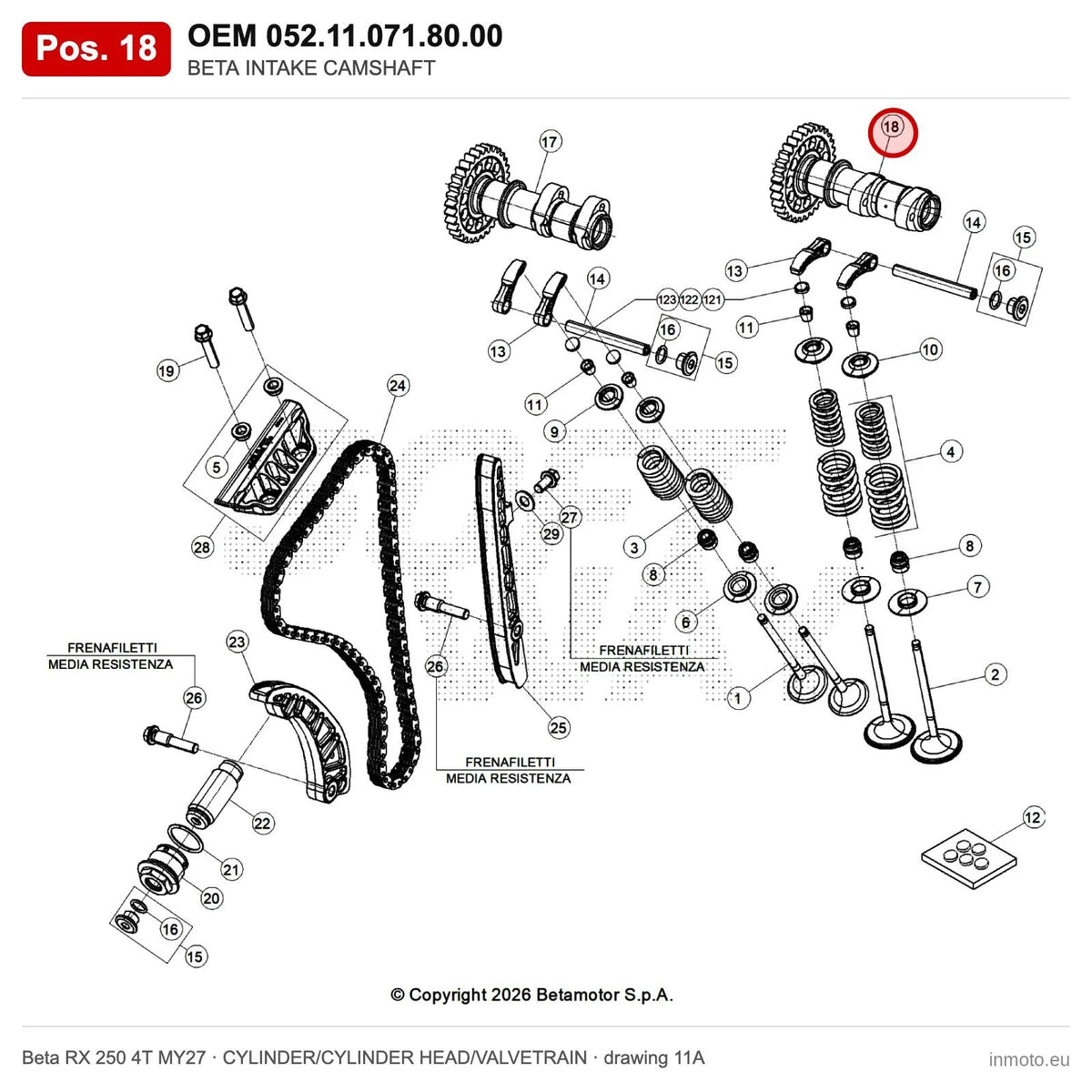 BETA INTAKE CAMSHAFT – OEM 052.11.071.80.00, position 18 on the Beta RX 250 4T MY27 cylinder/cylinder head/valvetrain drawing