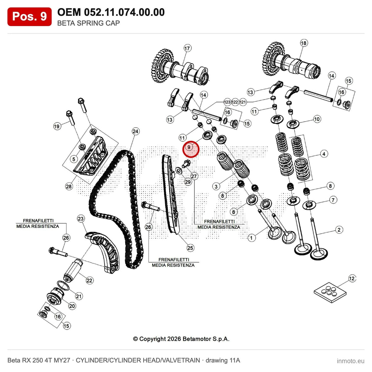 BETA SPRING CAP – OEM 052.11.074.00.00, position 9 on the Beta RX 250 4T MY27 cylinder/cylinder head/valvetrain drawing