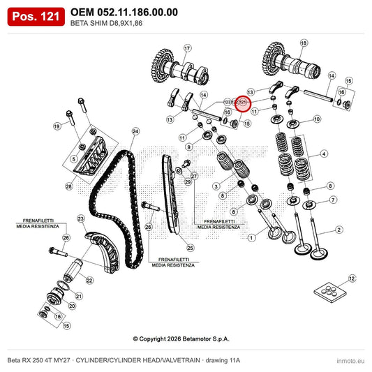 BETA SHIM D8,9X1,86 – OEM 052.11.186.00.00, position 121 on the Beta RX 250 4T MY27 cylinder/cylinder head/valvetrain drawing