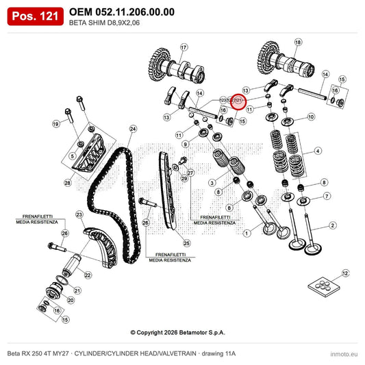 BETA SHIM D8,9X2,06 – OEM 052.11.206.00.00, position 121 on the Beta RX 250 4T MY27 cylinder/cylinder head/valvetrain drawing