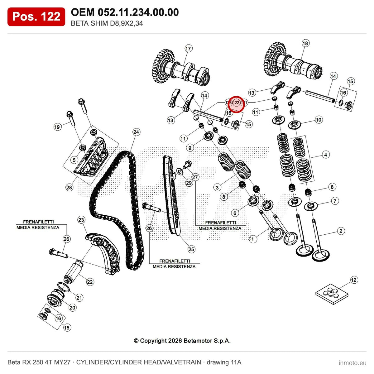 BETA SHIM D8,9X2,34 – OEM 052.11.234.00.00, position 122 on the Beta RX 250 4T MY27 cylinder/cylinder head/valvetrain drawing