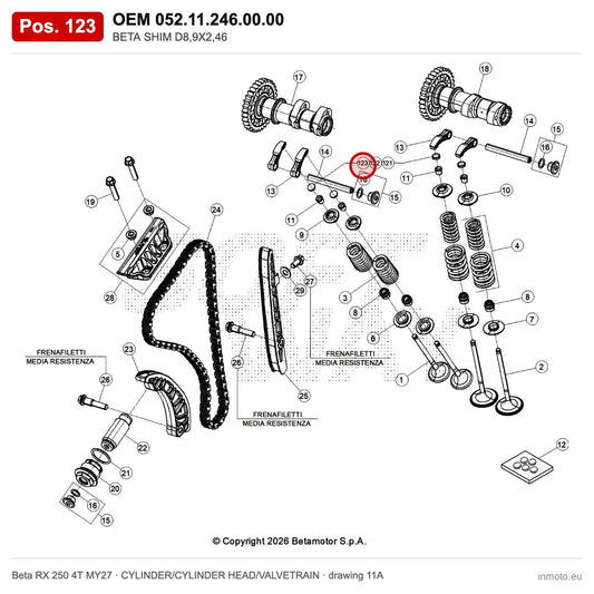 BETA SHIM D8,9X2,46 – OEM 052.11.246.00.00, position 123 on the Beta RX 250 4T MY27 cylinder/cylinder head/valvetrain drawing