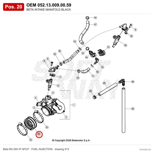 BETA INTAKE MANIFOLD BLACK – OEM 052.13.009.00.59, position 20 on the Beta RX 250 4T MY27 fuel injection drawing