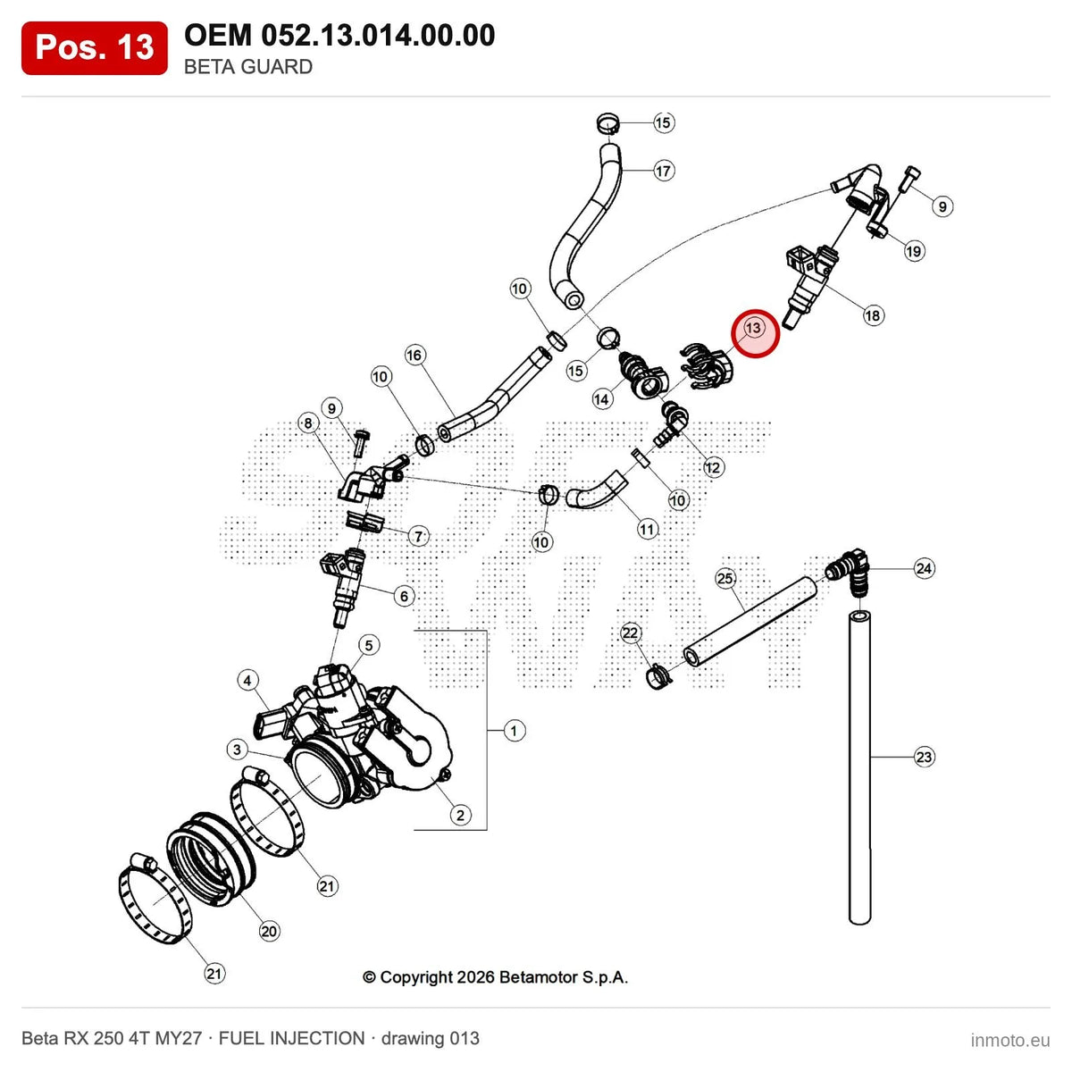 BETA GUARD – OEM 052.13.014.00.00, position 13 on the Beta RX 250 4T MY27 fuel injection drawing