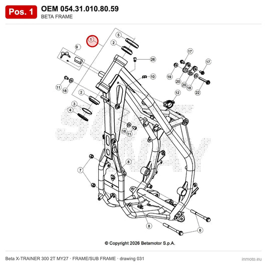 BETA FRAME – OEM 054.31.010.80.59, position 1 on the Beta X-TRAINER 300 2T MY27 frame/sub frame drawing