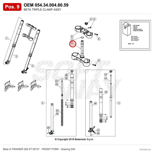 BETA TRIPLE CLAMP ASSY – OEM 054.34.004.80.59, position 9 on the Beta X-TRAINER 200 2T MY27 front fork drawing