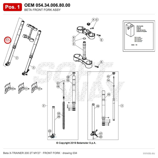 BETA FRONT FORK ASSY – OEM 054.34.006.80.00, position 1 on the Beta X-TRAINER 200 2T MY27 front fork drawing