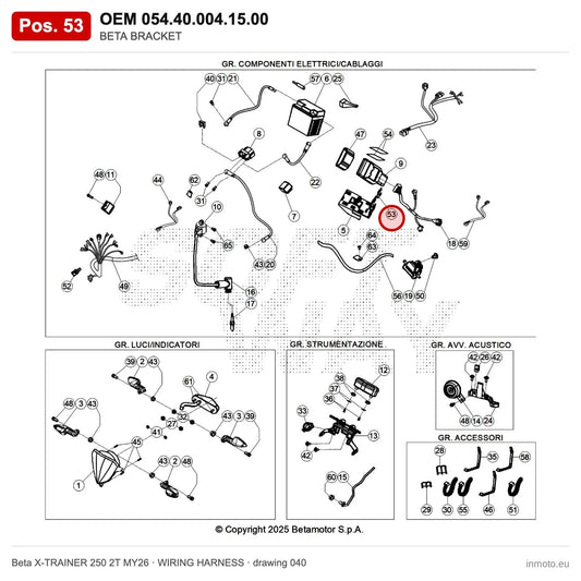 BETA BRACKET – OEM 054.40.004.15.00, position 53 on the Beta X-TRAINER 250 2T MY26 wiring harness drawing