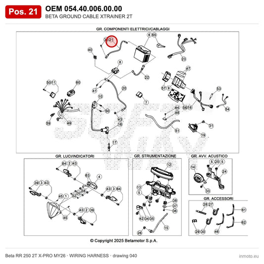BETA GROUND CABLE XTRAINER 2T – OEM 054.40.006.00.00, position 21 on the Beta RR 250 2T X-PRO MY26 wiring harness drawing