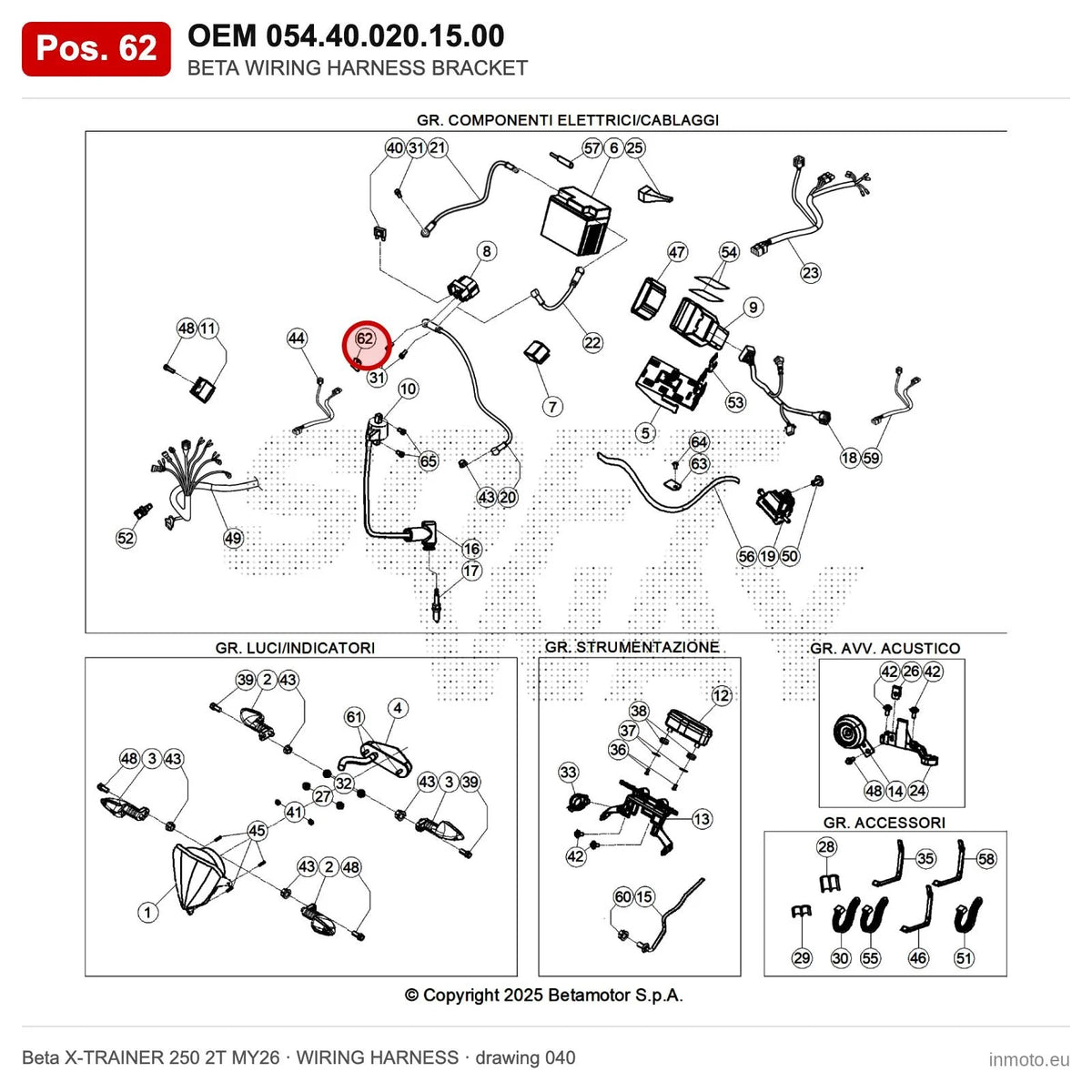 BETA WIRING HARNESS BRACKET – OEM 054.40.020.15.00, position 62 on the Beta X-TRAINER 250 2T MY26 wiring harness drawing