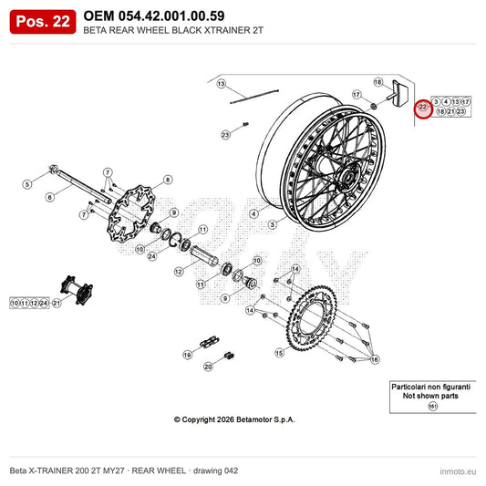 BETA REAR WHEEL BLACK XTRAINER 2T – OEM 054.42.001.00.59, position 22 on the Beta X-TRAINER 200 2T MY27 rear wheel drawing