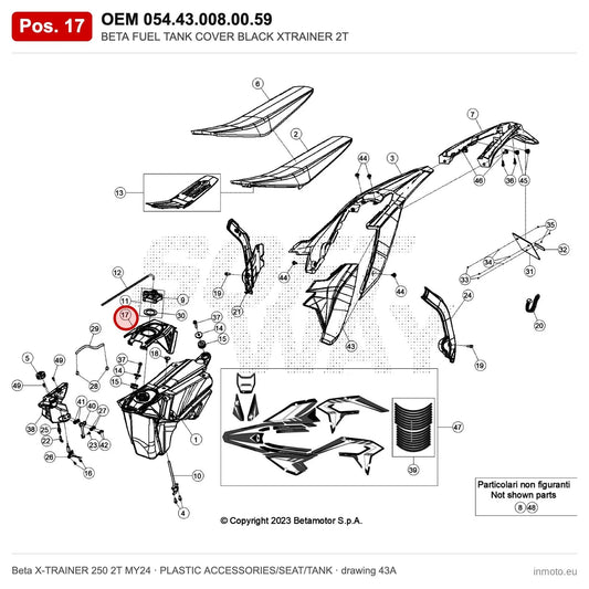 BETA FUEL TANK COVER BLACK XTRAINER 2T – OEM 054.43.008.00.59, position 17 on the Beta X-TRAINER 250 2T MY24 plastic accessories/seat/tank drawing