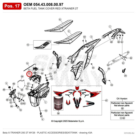 BETA FUEL TANK COVER RED XTRAINER 2T – OEM 054.43.008.00.97, position 17 on the Beta X-TRAINER 250 2T MY26 plastic accessories/seat/tank drawing