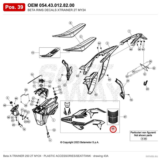 BETA RIMS DECALS XTRAINER 2T MY24 – OEM 054.43.012.82.00, position 39 on the Beta X-TRAINER 250 2T MY24 plastic accessories/seat/tank drawing