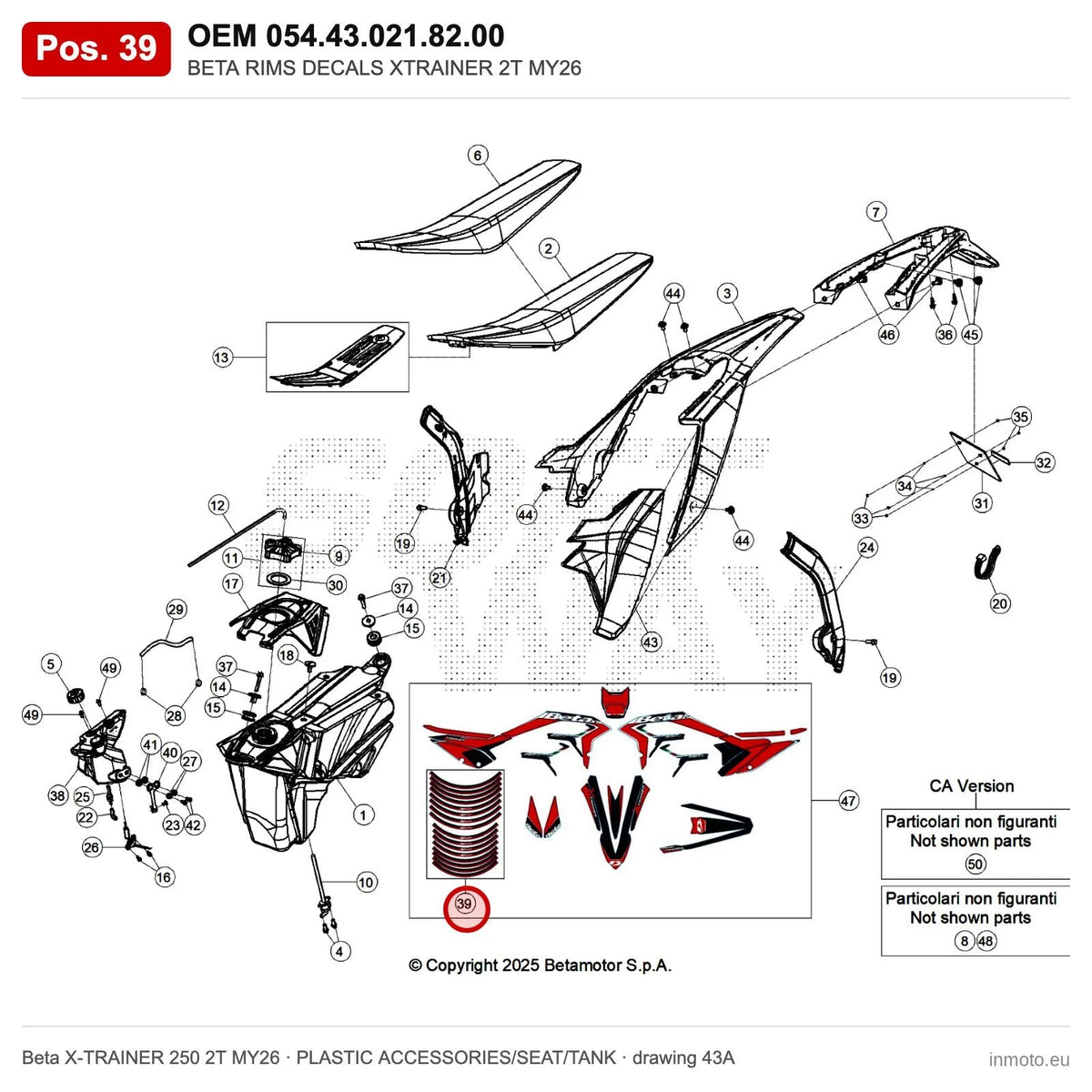 BETA RIMS DECALS XTRAINER 2T MY26 – OEM 054.43.021.82.00, position 39 on the Beta X-TRAINER 250 2T MY26 plastic accessories/seat/tank drawing