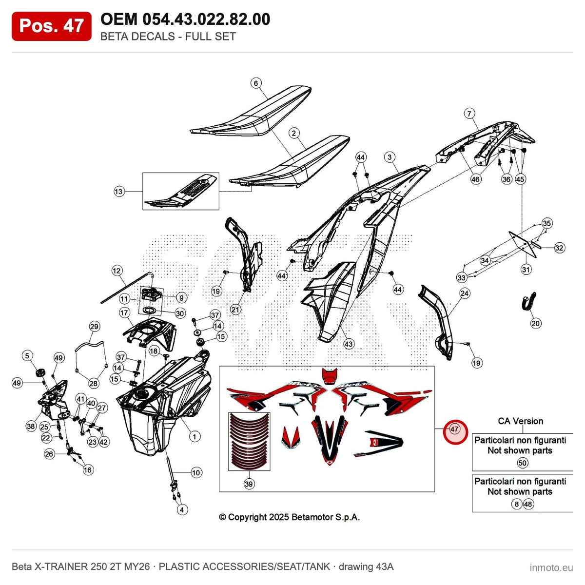 BETA DECALS - FULL SET XTRAINER 2T MY26 – OEM 054.43.022.82.00, position 47 on the Beta X-TRAINER 250 2T MY26 plastic accessories/seat/tank drawing