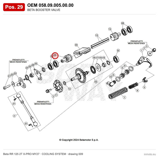 BETA BOOSTER VALVE – OEM 058.09.005.00.00, position 29 on the Beta RR 125 2T X-PRO MY27 cooling system drawing