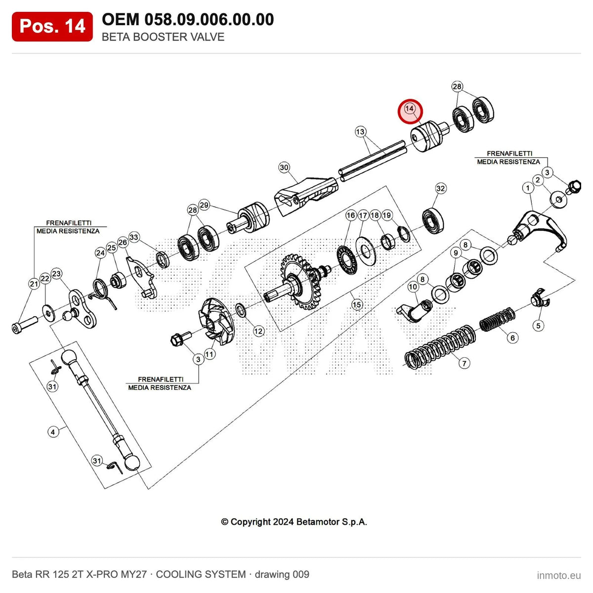 BETA BOOSTER VALVE – OEM 058.09.006.00.00, position 14 on the Beta RR 125 2T X-PRO MY27 cooling system drawing