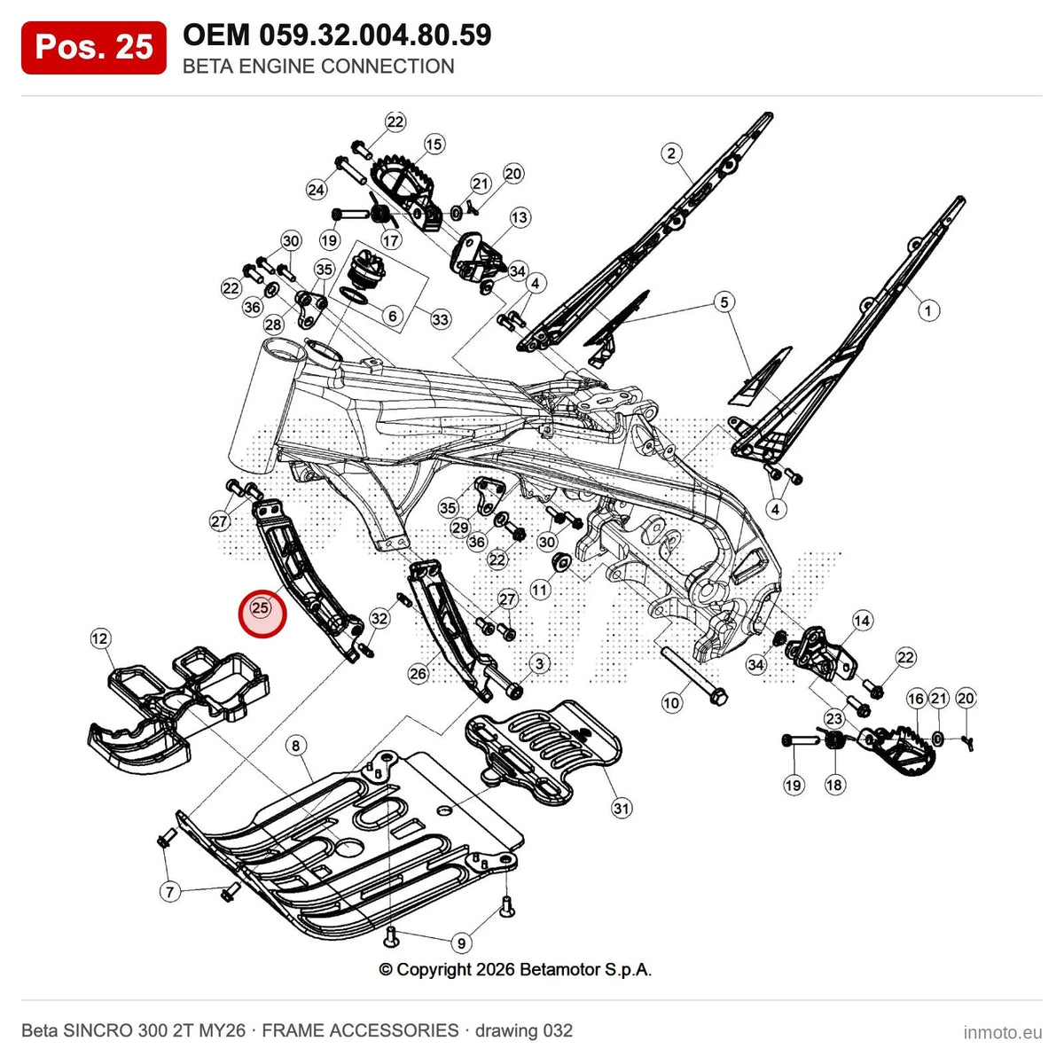 BETA ENGINE CONNECTION – OEM 059.32.004.80.59, position 25 on the Beta SINCRO 300 2T MY26 frame accessories drawing