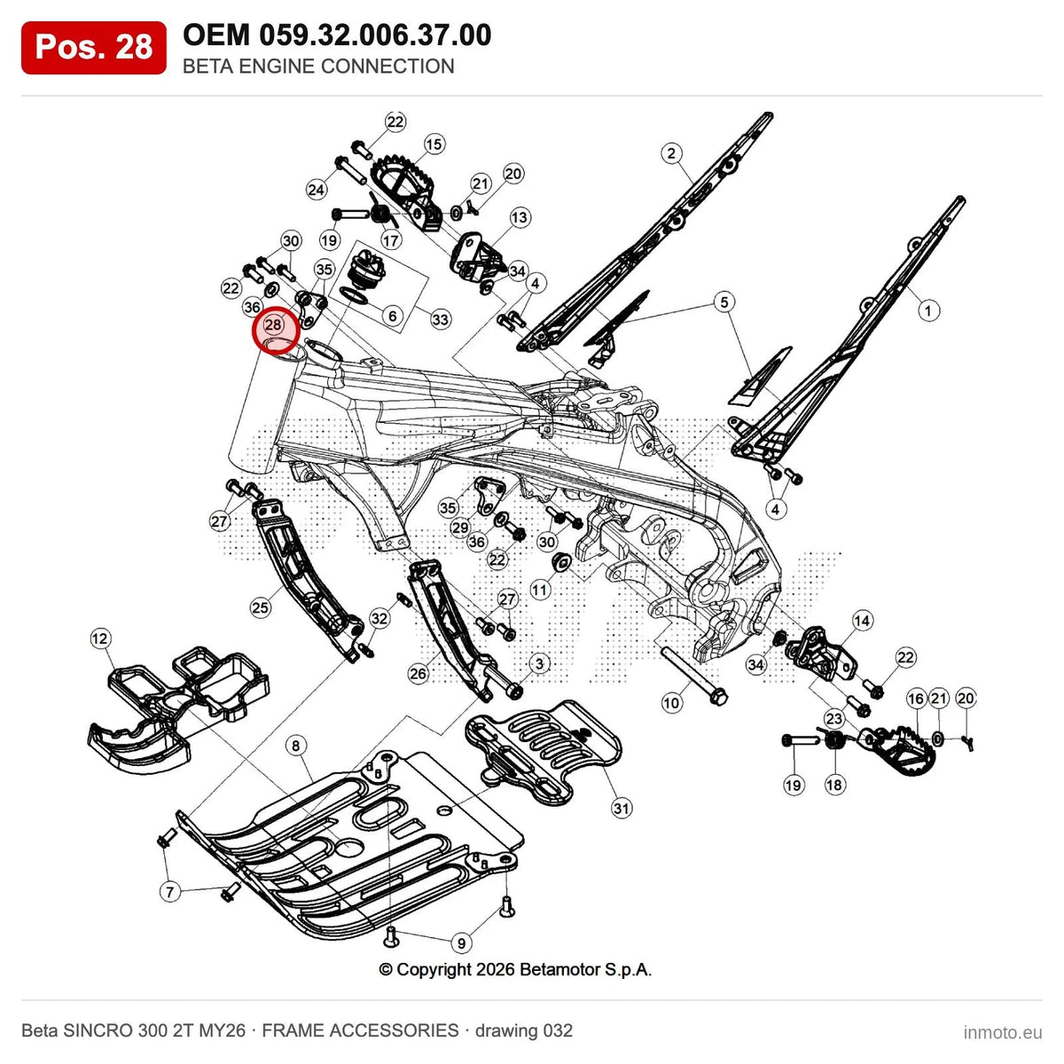 BETA ENGINE CONNECTION – OEM 059.32.006.37.00, position 28 on the Beta SINCRO 300 2T MY26 frame accessories drawing