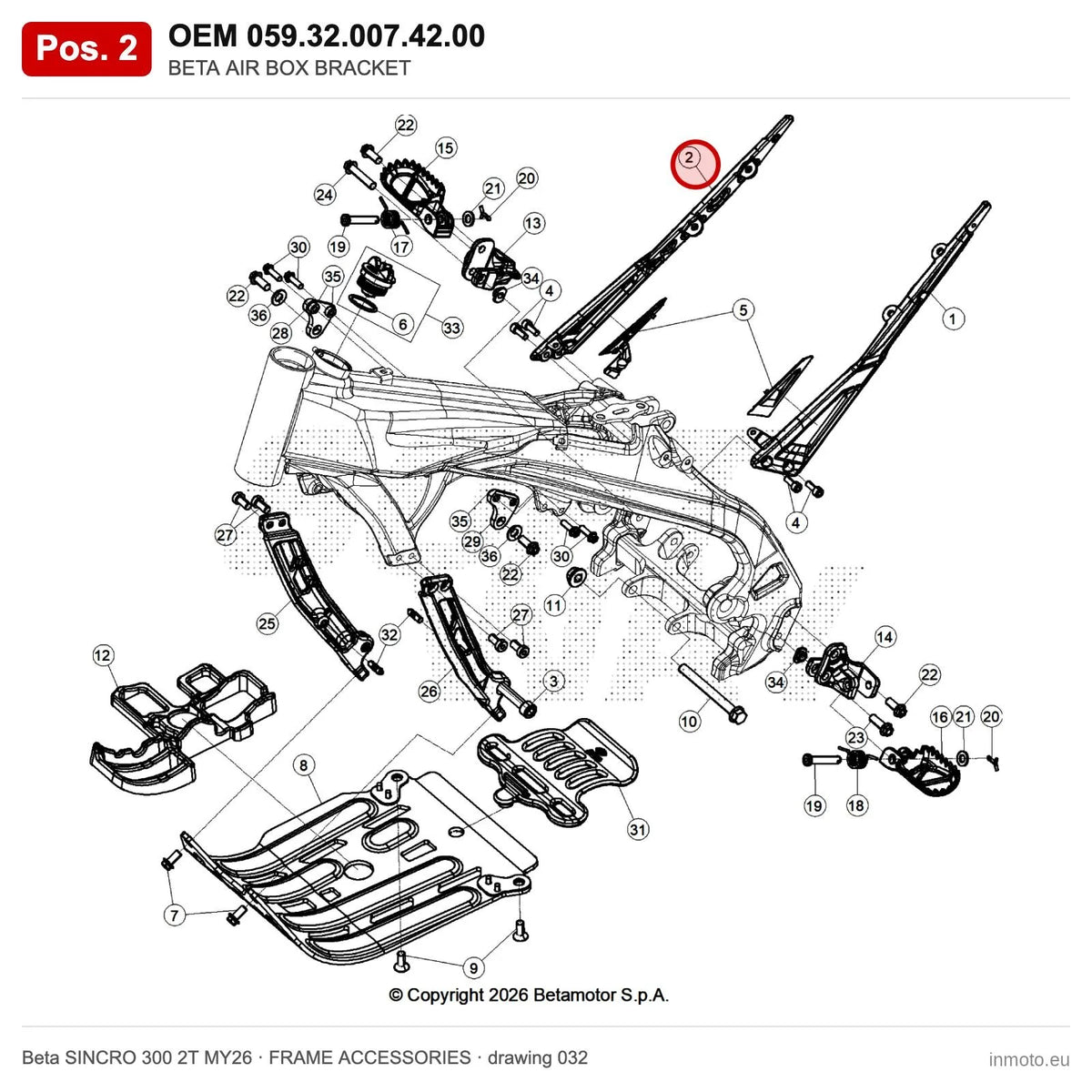 BETA AIR BOX BRACKET – OEM 059.32.007.42.00, position 2 on the Beta SINCRO 300 2T MY26 frame accessories drawing